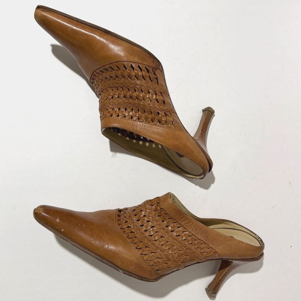 Via Spiga, Brown Leather Woven Pointed Toe Heeled Mules, 7.5